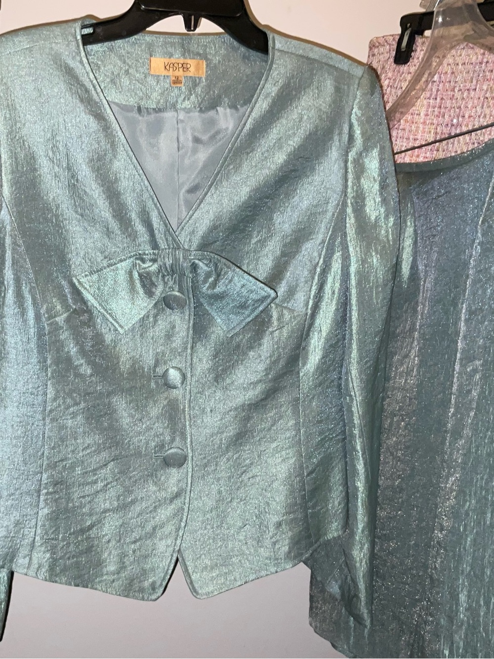 Kasper Metallic Teal Bow-Front Blazer
